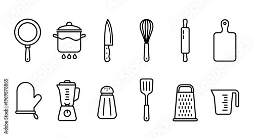 Kitchen utensils and cooking equipment line icons set representing various tools for food preparation and culinary activities.