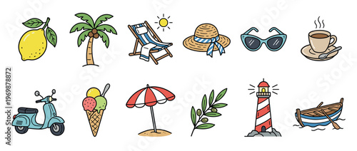 Collection of summer vacation and travel icons including a lemon, palm tree, beach chair, hat, sunglasses, and scooter illustrations.