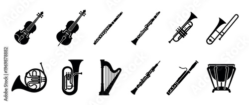 Orchestral musical instruments collection featuring various woodwind, brass, string, and percussion instruments in black silhouette icons.