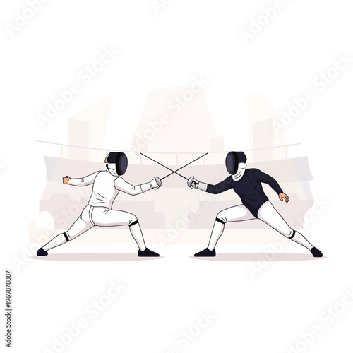 Two Fencers in Protective Gear Competing with Swords on a Stadium Background