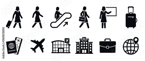 Business travel icons set featuring female traveler, airport, hotel, and global journey elements for corporate trips and tourism.