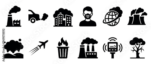 Pollution icons, environmental problems, and climate change symbols illustrating industrial emissions, air quality, and global warming effects.