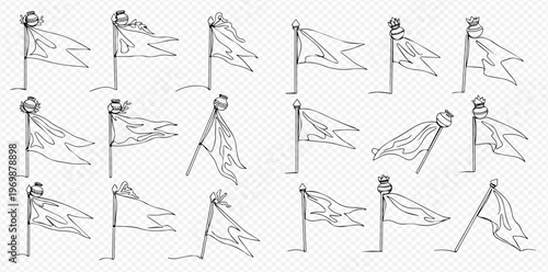 Set of hand-drawn flags and banners in various shapes and movements, isolated on a transparent background.