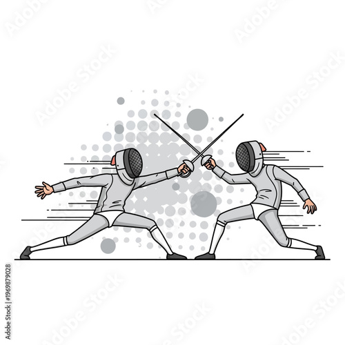 Two Fencers in Protective Gear Duel with Swords on Halftone Background