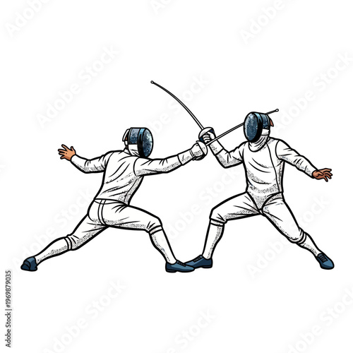 Two Fencers in Protective Gear Competing with Swords
