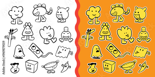 Cute doodle monster character collection featuring hand-drawn line art and yellow sticker versions. Funny quirky creatures for mascot, icons, and playful graphic design elements