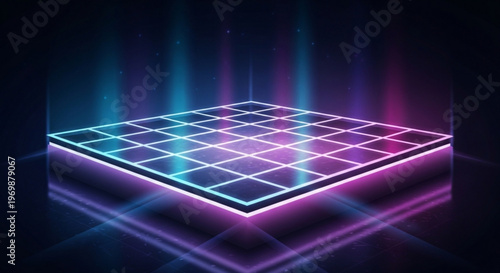 Neon grid platform with colorful lights and reflections on a dark background for futuristic tech or gaming concepts