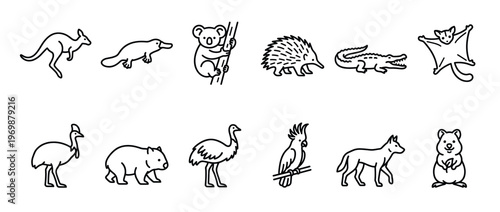 Australian animals collection featuring various wildlife creatures in simple line art style for design elements.