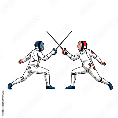 Two Fencers in Protective Gear Duel with Swords on White Background