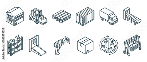 Logistics and shipping isometric line icons set depicting various elements of supply chain, transportation, and warehouse operations.