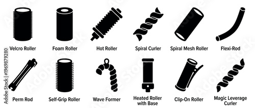 Hair rollers and curlers collection featuring different types of styling tools for beauty, salon, and personal care.