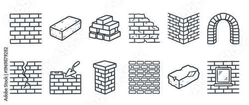Bricks and brickwork construction elements represented in a collection of hand-drawn line art icons for building and architectural design.