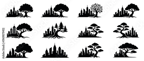 City skyline tree silhouette icons collection representing urban nature, green city concepts, and environmental harmony in a modern graphic design.