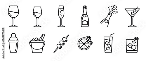 Collection of outline icons representing various alcoholic beverages, cocktail ingredients, and bar accessories for celebration and party designs.