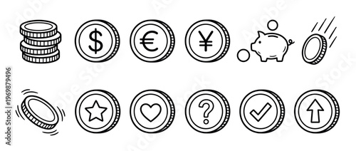 Money and finance icons collection featuring various currency symbols, a piggy bank, and conceptual coin designs in a hand-drawn doodle style.