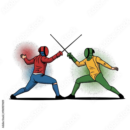 Two Fencers in Protective Gear Duel with Swords, Dynamic Action Illustration