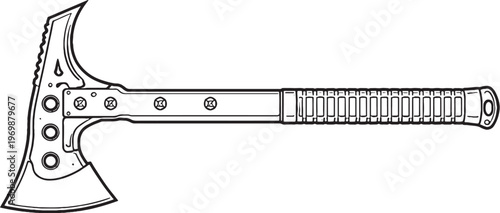 Tactical Tomahawk Black and White Vector Line Art Illustration Military Axe Weapon Side View