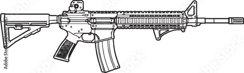 Tactical Rifle Black and White Line Art Vector Modular Military Firearm Illustration