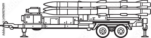 Surface to Surface Missile System Vector Line Art Military Rocket Launcher Platform Side View