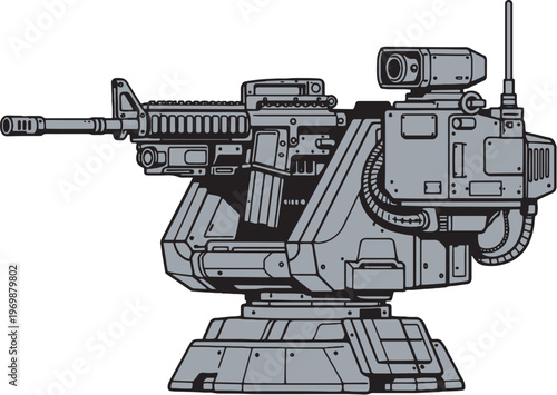 Remote Weapon Station Vector Line Art Side View Mounted Controlled Weapon System Illustration