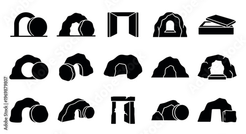 Empty tomb cave icons set depicting various ancient burial sites and entrances with rolling stones, symbolizing resurrection and new beginnings.