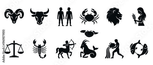 Zodiac signs icons collection featuring all twelve astrological symbols for horoscope, fortune telling, and celestial themes.