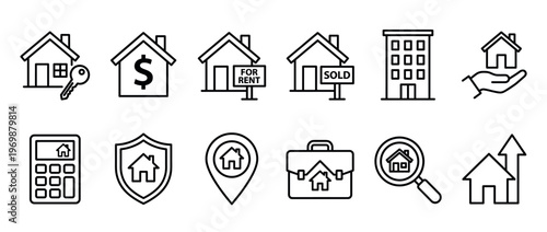 Real estate icons collection representing various aspects of property buying, selling, renting, and management.