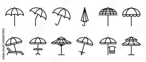 Umbrella icons collection featuring various styles of rain and sun protection, perfect for weather, travel, and vacation designs.