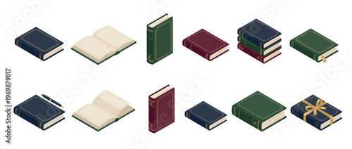 Isometric books collection featuring various classic style hardcovers, open pages, and stacked volumes for education and literature concepts.