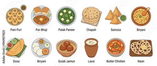 Traditional Indian food dishes and snacks are presented as a collection of popular cuisine items in a colorful illustration.