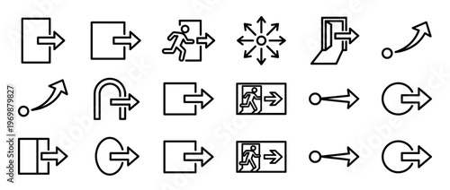 Entry exit icons, arrow navigation symbols, and login logout signs are presented in a comprehensive set of outline vector graphics for user interface design.