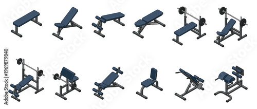 Gym benches and weightlifting equipment collection in isometric vector illustration style for fitness and workout concepts.