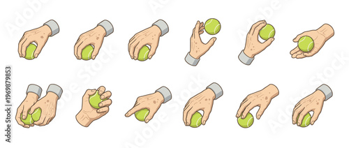 Hands holding, gripping, and interacting with green tennis balls in various poses, illustrating different actions and movements.