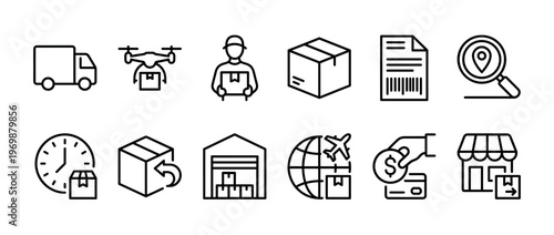Delivery and logistics service icons representing various aspects of shipping, tracking, and e-commerce operations.