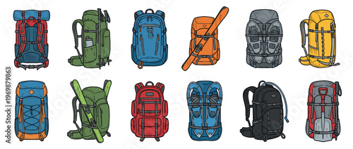 Collection of colorful hiking backpacks and outdoor gear for adventure, travel, and camping activities in a hand-drawn style.