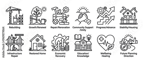 Line art icons representing concepts of rebuilding, growth, repair, community support, progress, stability, and future planning for various aspects of life.