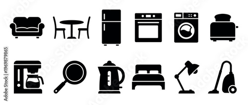 Collection of various household items and home appliances, including furniture, kitchenware, and electronic devices, presented as simple black silhouette icons.
