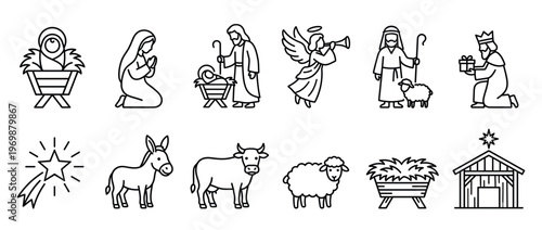 Collection of black line art Nativity scene icons depicting biblical figures, animals, and elements of the Christmas story celebration.