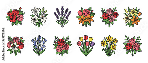 Colorful cartoon flower bouquets and floral arrangements featuring various blooming plants like roses, lilies, tulips, and lavender in a charming doodle style.