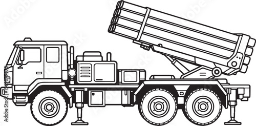 Multiple Launch Rocket System Vector Line Art MLRS Military Rocket Launcher Vehicle Side View