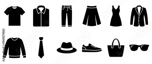 Clothing and accessories icons set featuring various fashion items like shirts, pants, dresses, and shoes, representing a diverse wardrobe collection.