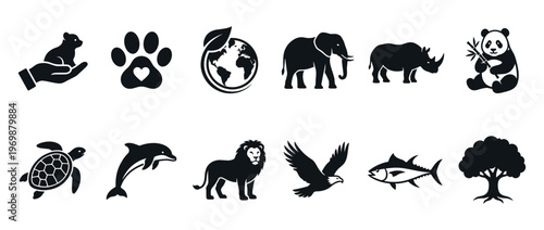 Collection of diverse animal and nature icons representing wildlife conservation, environmental protection, and ecological sustainability concepts.