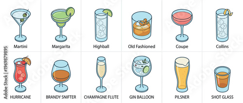 Illustrated set of popular cocktail and beverage glasses, showcasing different drinkware shapes for various alcoholic and non-alcoholic drinks.