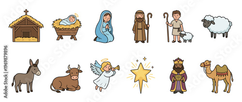 Nativity scene characters and elements cartoon illustration set, depicting the story of Christmas with religious figures and animals.