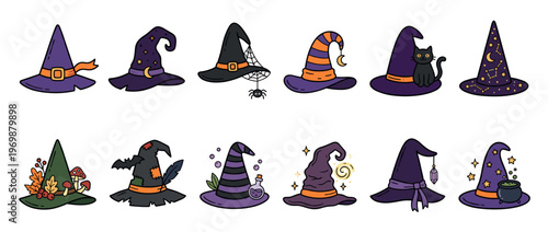 Set of cute doodle witch hats featuring Halloween and magical decorations in a vibrant cartoon style.