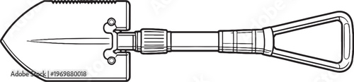 Entrenching Tool Folding Shovel Black and White Vector Line Art Illustration Military Equipment