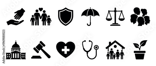 Social welfare, protection, and community concept icons illustrating various aspects of human well-being, justice, and support systems.
