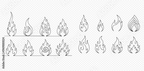 Set of various fire flame icons in outline style, representing heat, energy, and danger.