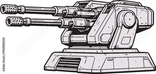 Defense Turret Vector Line Art Side View Compact Weapon Mount System Illustration