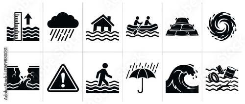 Flood and natural disaster icons set depicting various water-related hazards, emergency situations, and protective measures.